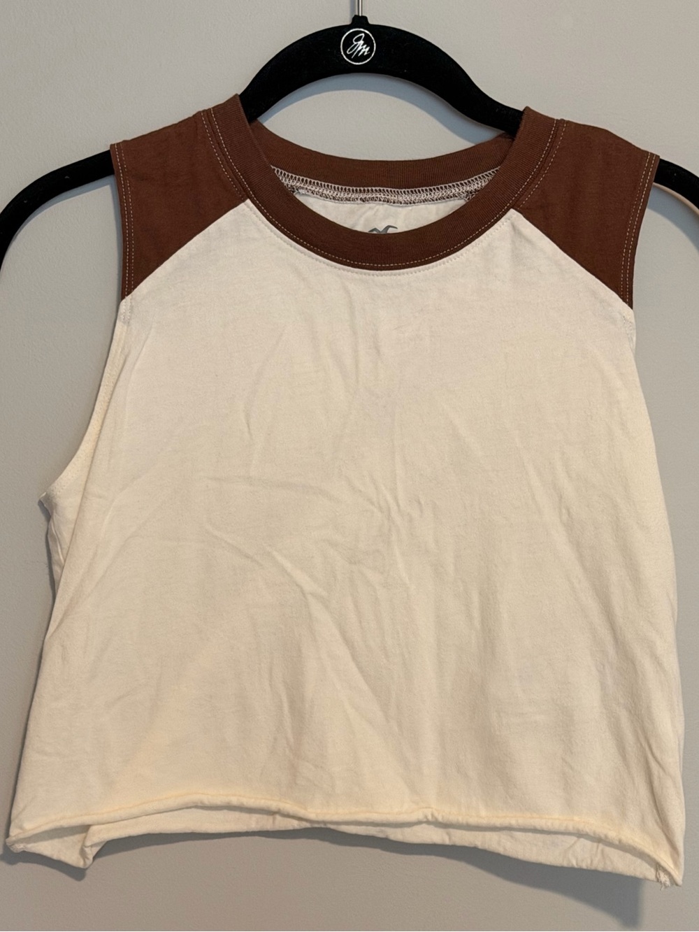 Hollister Sleeveless Crop Top White Brown Raglan XS
